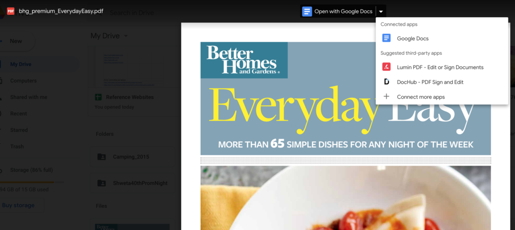 Google Drive: Open PDF and text images as a text document