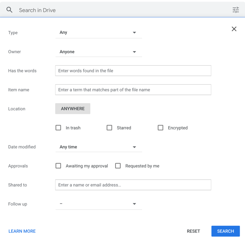 Google Drive: Narrow down search